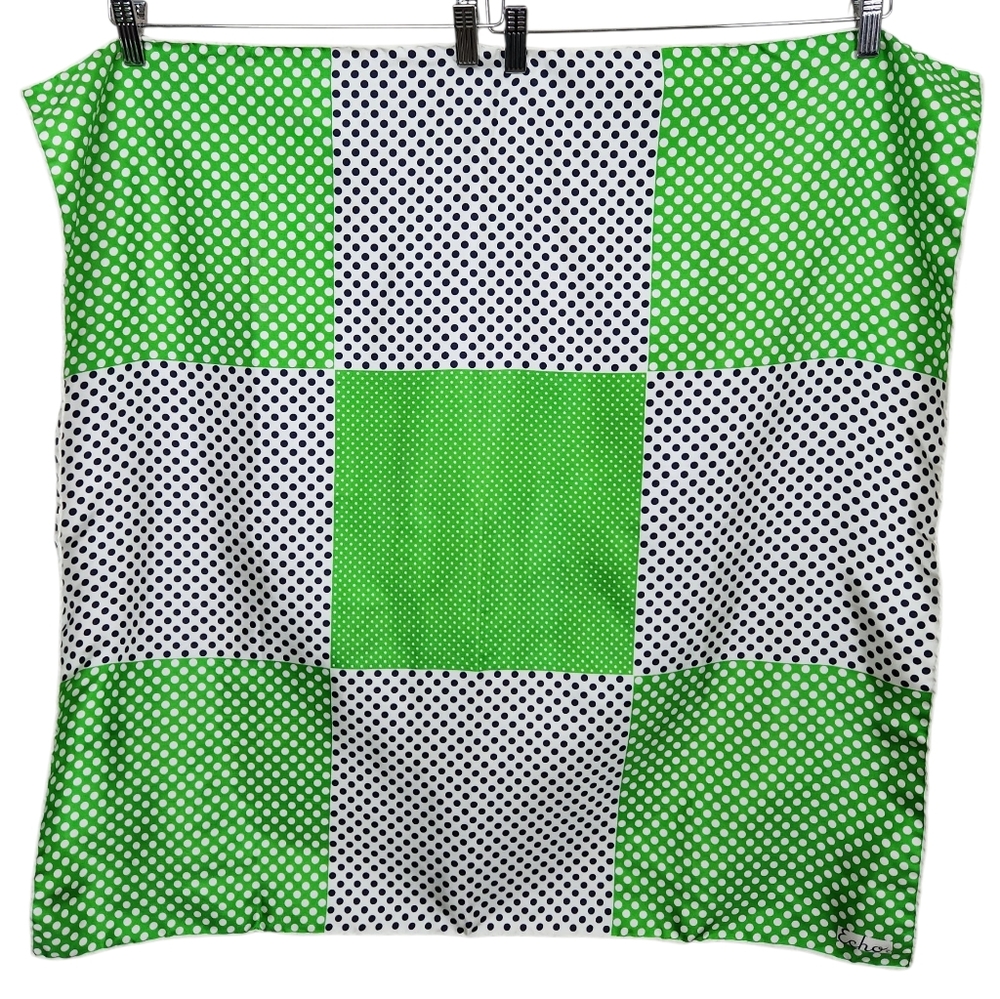 Echo Vintage Silk Polka Dot Square Scarf Green White Navy Blue Evening Womens OS